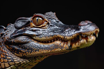 Obraz premium Mystic portrait of Black Caiman, copy space on right side, Anger, Menacing, Headshot, Close-up View Isolated on black background