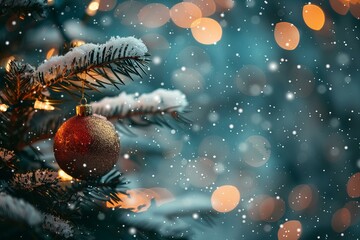 A decorated fir tree with a crimson ball