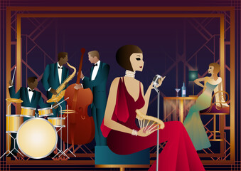 Jazz musicians and singer in a restaurant, cafe or bar. Double bass, saxophone, drum. Musicians play musical instruments