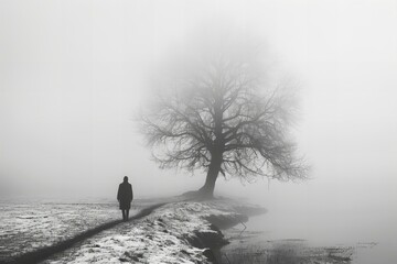 Man walking on a path in the fog next to a tree