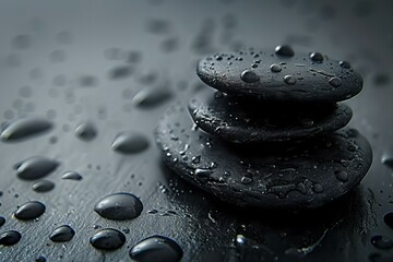 Black stones stacked with water droplets