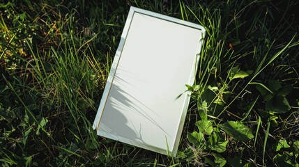 A white frame is sitting in the grass, mockup