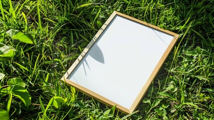 A white frame is sitting on the grass, mockup