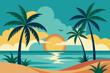 Vibrant vector illustration of a tropical paradise featuring lush palm trees, a crystal-clear blue sea, a sandy beach
