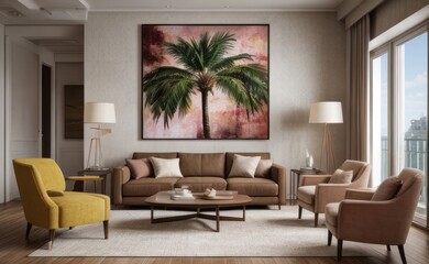 Sophisticated professional photograph of a burgundy and rose gold luxury living room interior with abstract art and indoor palm trees