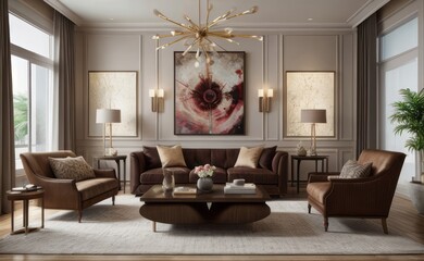 gray and marble luxury living room interior with sleek furniture and a vertical garden