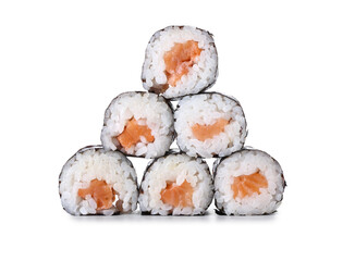 Tasty sushi rolls on white background