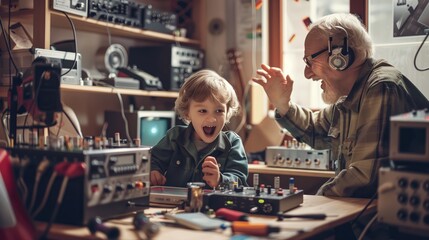 A child excitedly learns from an experienced ham radio operator in a room filled with radio components and kits.