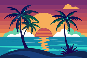 Vibrant vector illustration of a tropical paradise featuring lush palm trees, a crystal-clear blue sea, a sandy beach