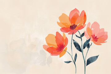 Naklejka premium Acuarela pintada representando tres flores con su ramo y hojas, en tonos rosas, morados y naranjas, sobre fondo beige