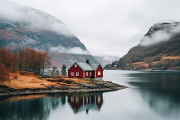 Fototapeta premium A small wooden house in a coniferous forest on the lakeshore. A place for privacy and escape from the bustle of the city. House in a national park on the shore of a picturesque lake.