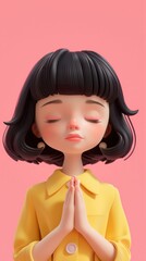 3d girl with short black hair, joined hand together