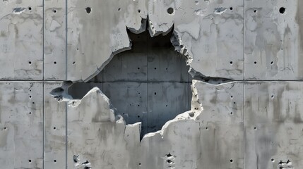 3d jagged hole breaking through a gray concrete wall texture