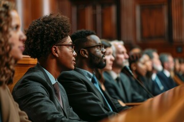A group of people are sitting in a courtroom, with a man in a suit