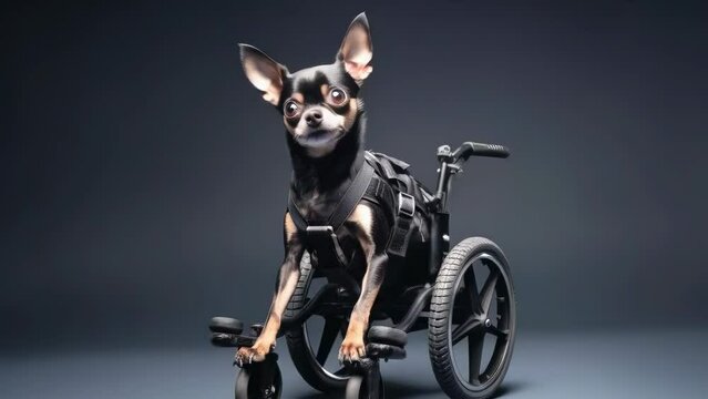 A small chihuahua in wheelchair, symbolizing resilience, pet care, disability acceptance, and innovation in veterinary medicine. Heartwarming, empowerment, overcoming challenges, support, therapy dog.