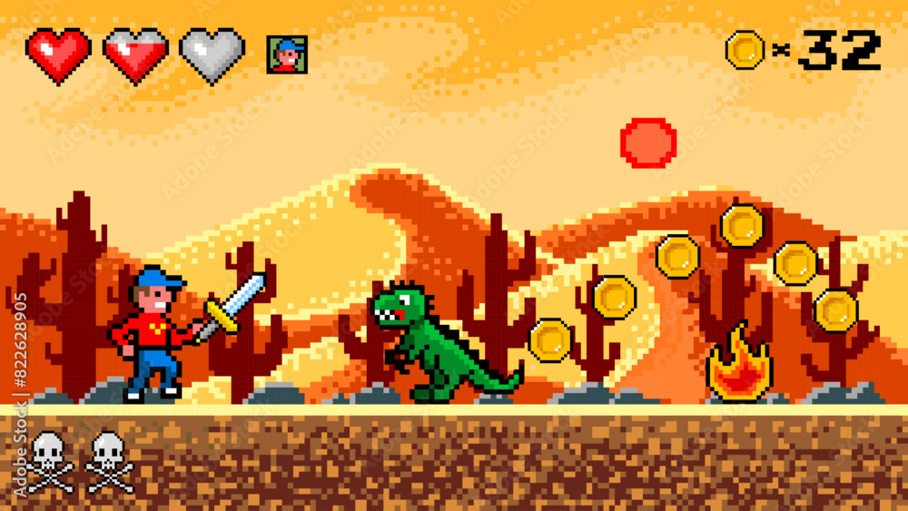 Fototapete pixel desert. the game character collects coins. passing levels and number of lives. art 8 bit objec