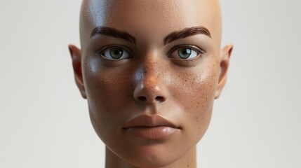 Close up, face, light tan skin, no eyelashes, bald head 3d