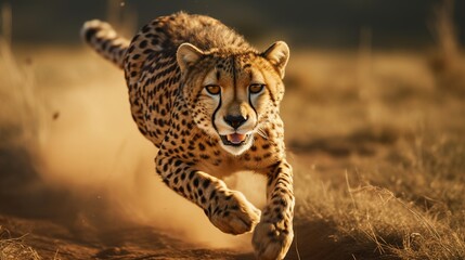 A cheetah is running through the desert, kicking up dust as it goes