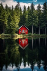 Obraz premium House in a national park on the shore of a picturesque lake. Small wooden house in a coniferous forest on the shore of a lake. Place for privacy and escape from the bustle of the city. Vertical photo.