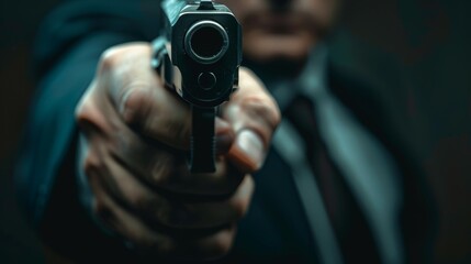 A man is holding a gun and pointing it at the camera, armed robber or dangerous burglar