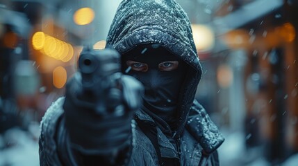 A man in a hoodie is holding a gun, armed robber or dangerous burglar