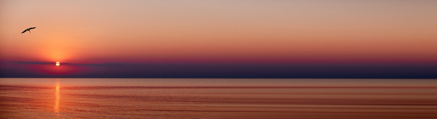 A abstract banner of serene sunset over a calm ocean with birds flying in the sky. The sun dips...
