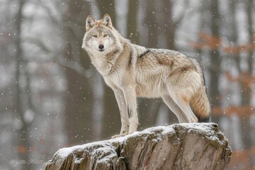 Majestic white wolf gracefully roaming through the serene snow covered landscape