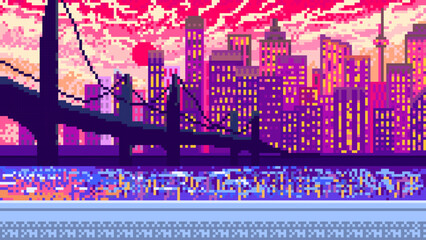 Modern city. Bridge and skyscrapers and clouds. Pixel art 8 bit objects. Pink landscape background for the application or a website. Retro game poster. Vintage banner for computer video arcades.