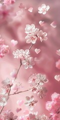 Pink Background Heart Background. White Floral Decorations on Pastel Background