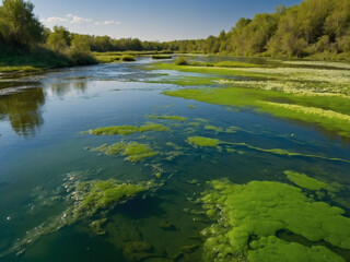 Spectacular sight, green river adorned with blooming algae.