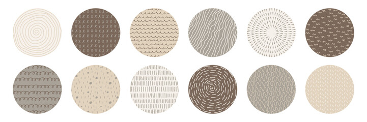 Set of highlight cover icons for social media. Circles with doodle drawn texture. Natural colors. Modern abstract background