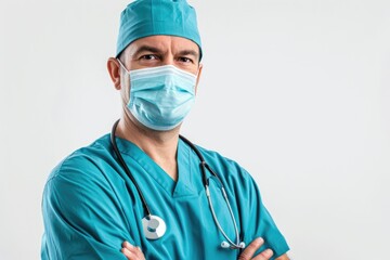 Wearing Scrubs. Confident Male Doctor in White Coat and Mask, Health Professional in Clinic Setting