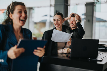 Happy business team celebrating success with documents in hand in a modern office setting. Joyful expressions, teamwork, and professional attire.