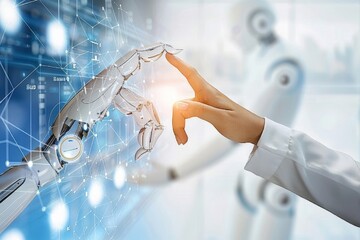 Robot and human hands touch on network, illustrating big data connection and tech partnership