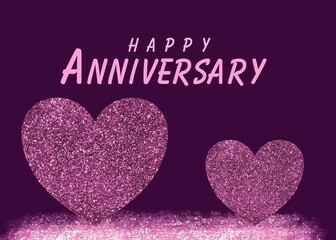 Happy Anniversary  card design with glitter hearts and dark purple background