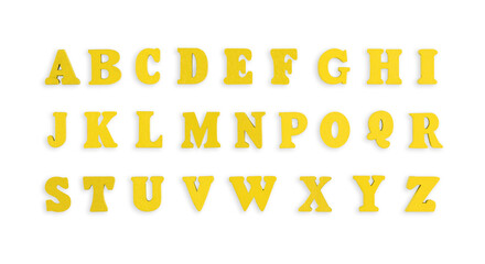 wooden letters of the English alphabet in yellow color on a isolated background close-up