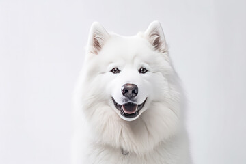 Samoyed in studio setting against white backdrop, showcasing their playful and charming personalities in professional photoshoot.