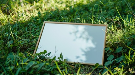 A small wooden mirror is sitting on the grass, mockup