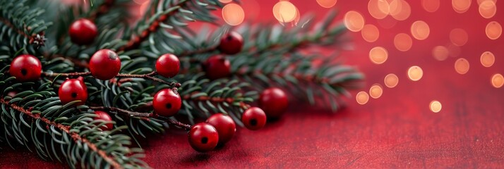 Festive xmas tree with sparkling bokeh lights on red background   merry christmas card design