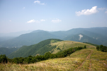 Naklejka premium View of the road descending from the top of the mountain. On the horizon are mountains covered with green forest on a summer day. Clouds in the blue sky over green mountains on a sunny day.