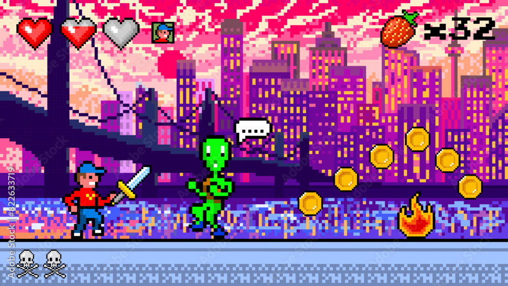 Fototapete pixel modern city. the game character collects coins. passing levels and number of lives. art 8 bit 