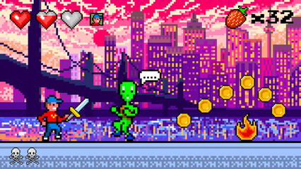 Obraz premium Pixel Modern city. The game character collects coins. Passing levels and number of lives. art 8 bit objects. Background for the application or a website. Retro game poster for computer video arcades.
