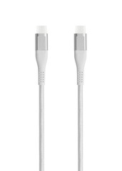 White cable for charging and synchronization with Type - C, USB, Micro USB, Lightning connectors on a white background close-up