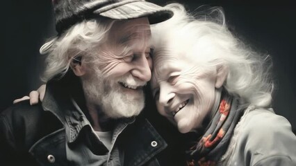 An elderly couple shares a heartfelt embrace, symbolizing enduring love, companionship, and happiness. They wear warm, casual clothing, suggesting comfort and timeless connection in age.
