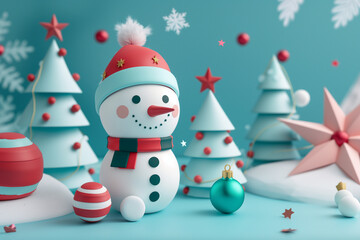 A snowman wearing a red hat stands in front of a row of trees