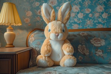 Bunny Rabbit Stuffed Animal Plush Plushie Easter Toy Backdrop Indoor Cottage Background Sofa Seat Chair Concept Home Decor House in Springtime Retro Vintage Style Aesthetic