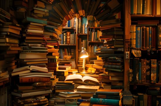 Cozy Vintage Bookstore with Lamp and Stacked Books
