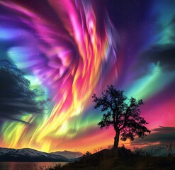 A tree stands in front of a colorful aurora