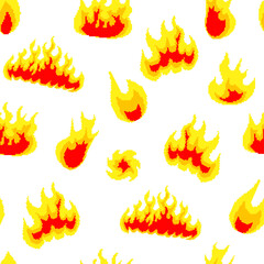 Nuclear explosion. Seamless pattern. Pixel art 8 bit fire objects. Mushroom cloud. Game icons set. Comic large boom flame effects. Lit match and bonfire. Digital icons. Vector illustration.