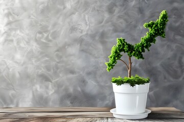 Green Plant Shaped as Upward Arrow in White Pot on Wooden Table